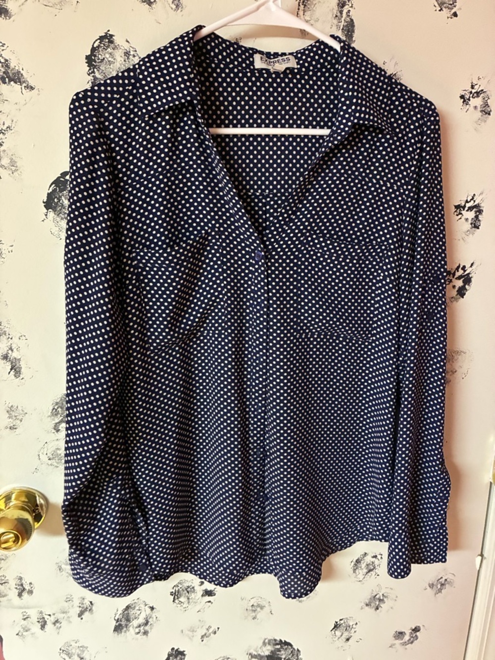 Express Navy and White Polka Dot Button-Down Shirt - Picture 2 of 3